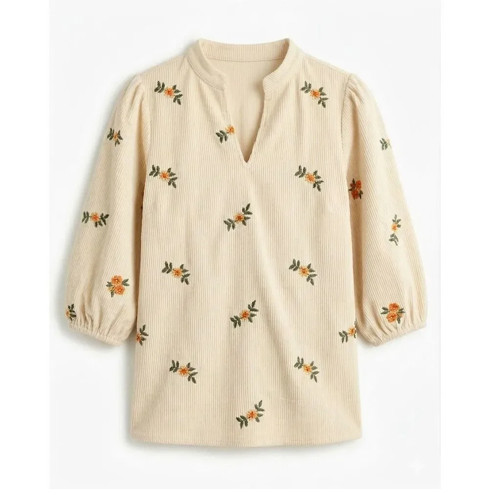 #206. Umgee Oatmeal Corduroy Floral Embroidered V-Neck Blouse